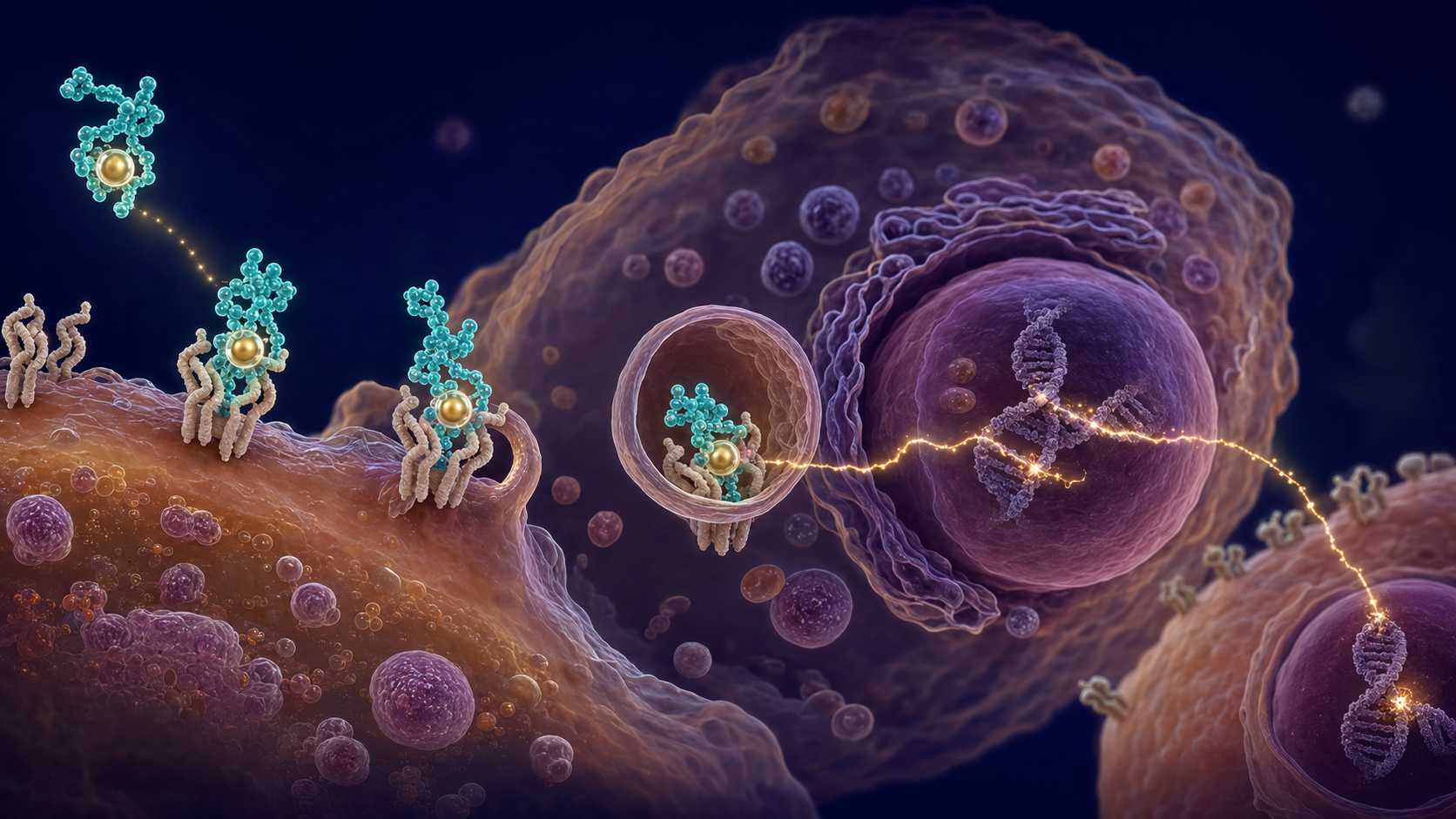 Conceptual illustration of lutetium-177 DOTATATE binding to SSTR2 on a neuroendocrine tumor cell, internalizing, and emitting beta particles that damage DNA.