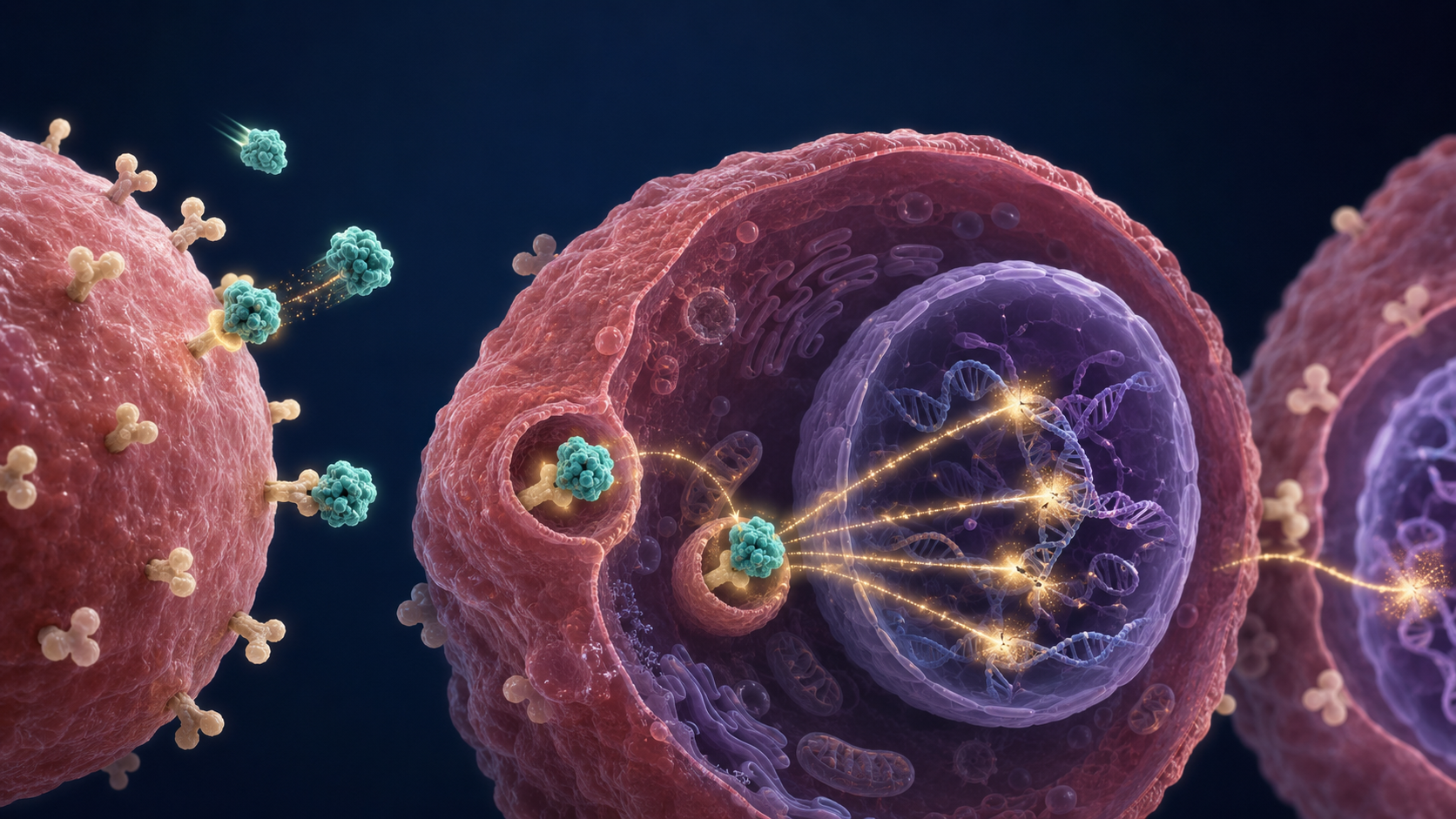 Conceptual illustration of a lutetium-177 PSMA radioligand binding to a prostate cancer cell, entering the cell, and emitting beta particles that damage DNA.