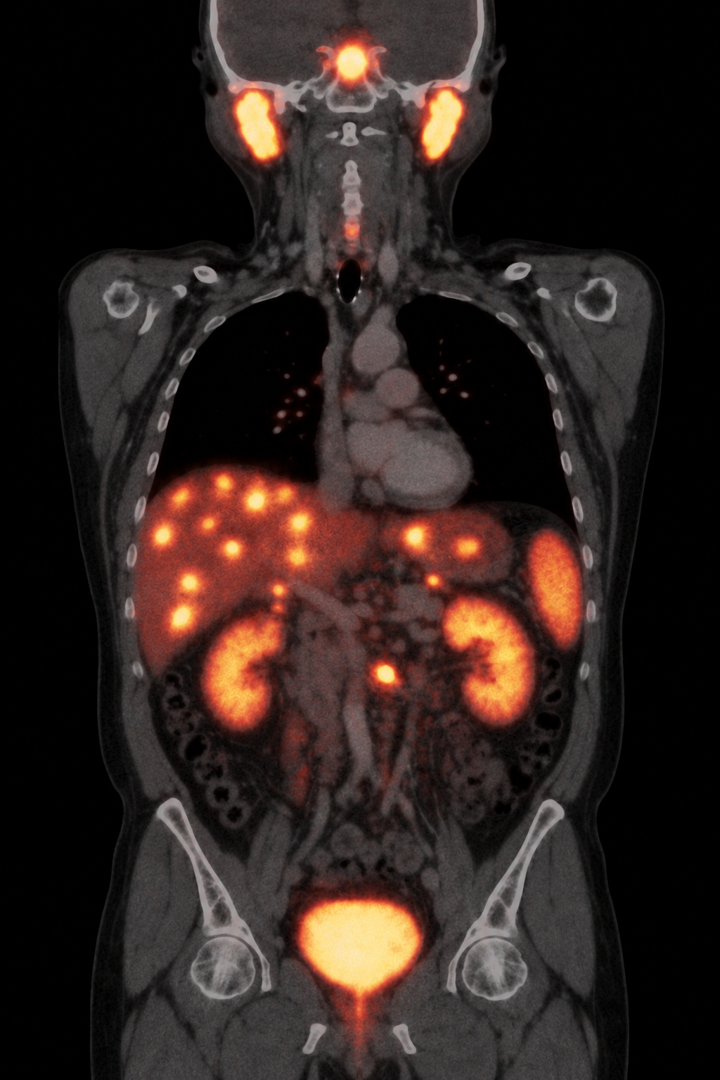 Illustrative post-treatment coronal lutetium-177 DOTATATE SPECT/CT showing therapeutic radioligand activity at the same hepatic metastases and central abdominal target.