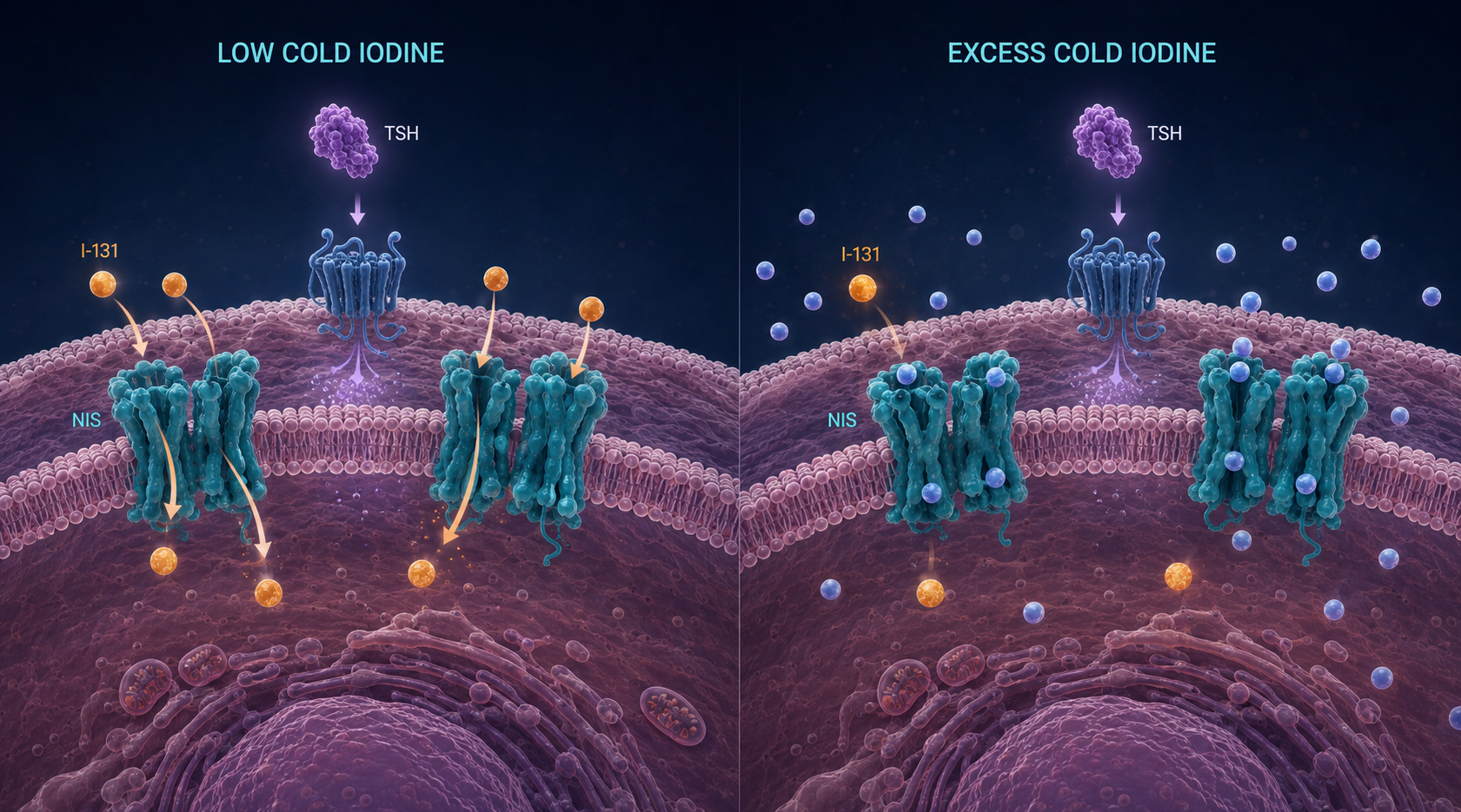 Conceptual thyroid cell membrane showing iodine-131 entering through the sodium-iodide symporter when competing stable iodine is low, and reduced iodine-131 uptake when excess stable iodine saturates the pathway